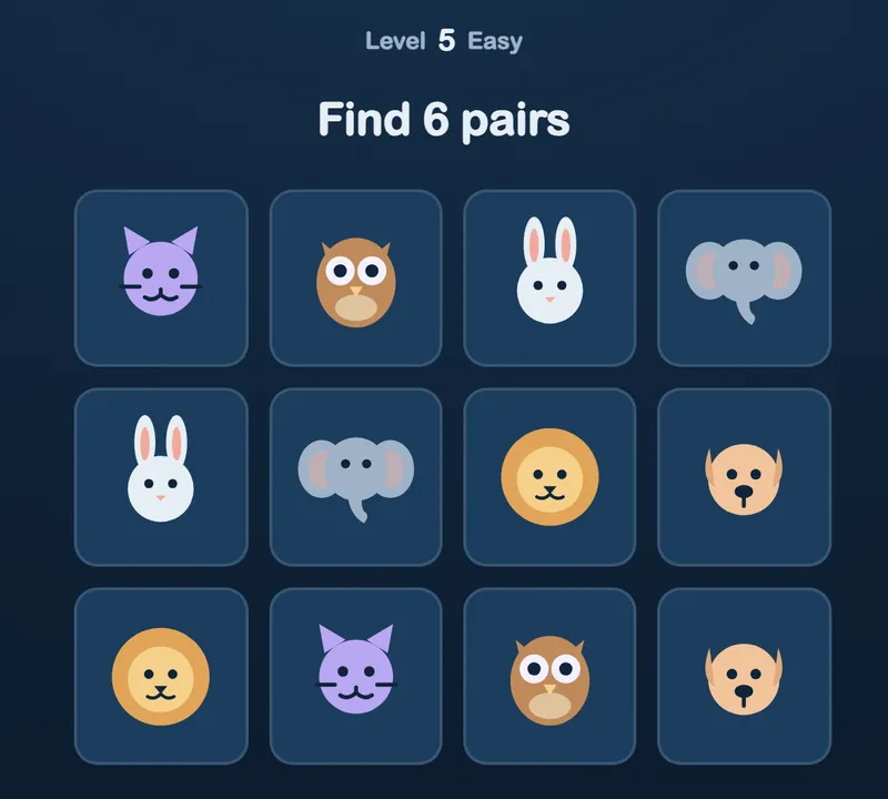 The Memory game with animal cards, face up