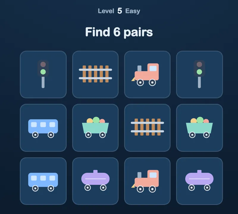 The Memory game with train cards: an engine, a carriage, a wagon, a signal and track