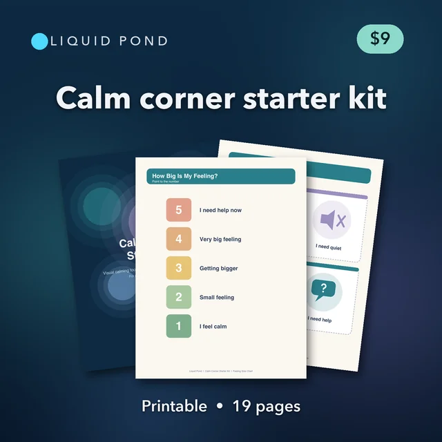 The cover of the Calm Corner Starter Kit: a feelings scale from 1 to 5 and break cards. Printable, 19 pages, 9 dollars