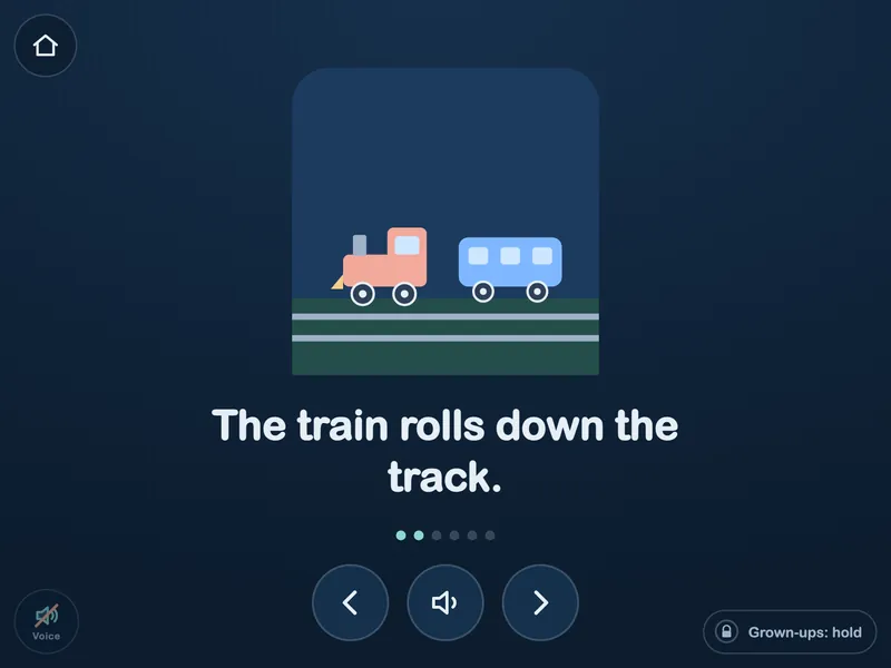 A page from the book The Little Train: a train on a track, and the words The train rolls down the track
