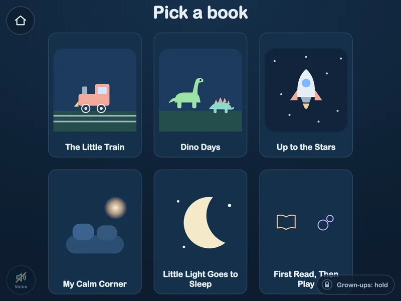 The book shelf, with The Little Train, Dino Days, Up to the Stars, My Calm Corner and Little Light Goes to Sleep